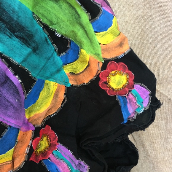 Vintage 90s T Jehnsen Inc Black Hand Painted Mexican Style Top Sequins Rainbow L - Picture 5 of 8